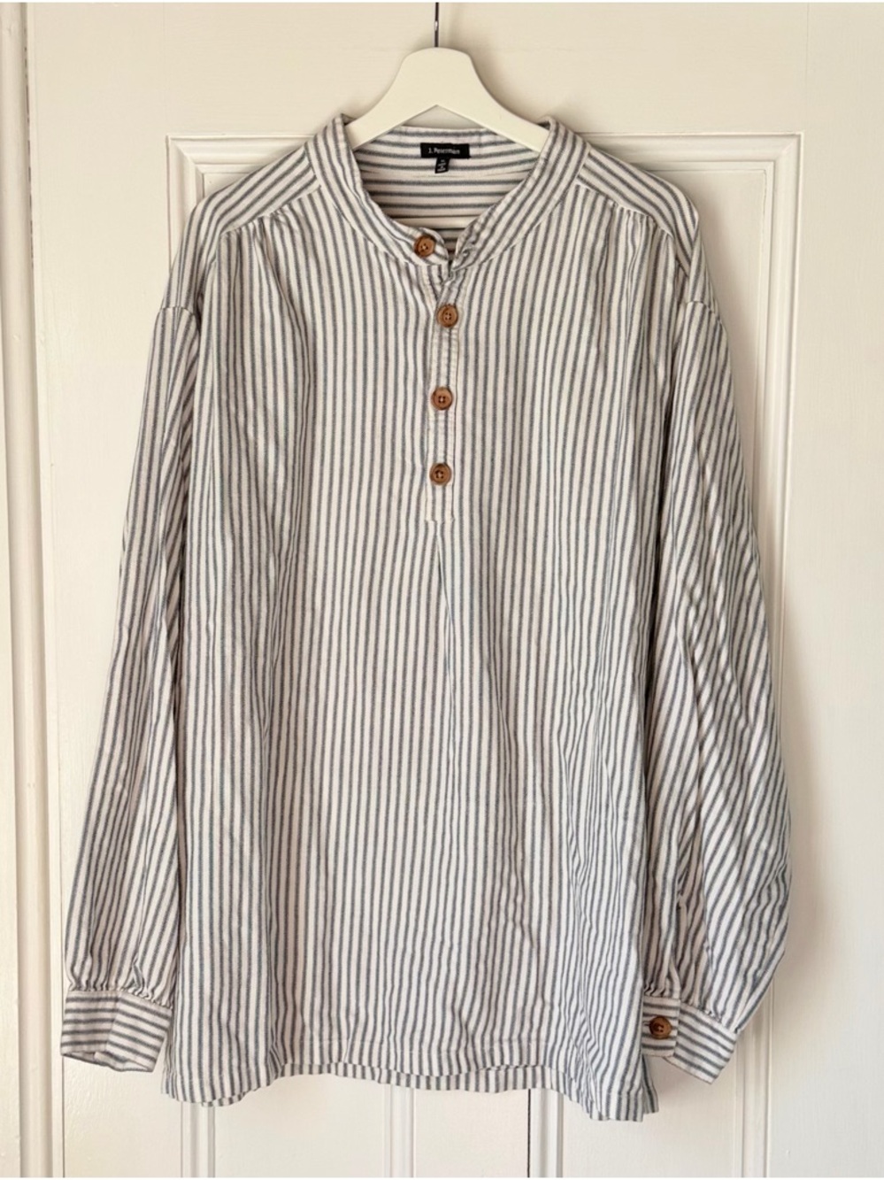 J. PETERMAN Vintage Poet's Shirt Banded Collarless Henley Striped Flannel XL